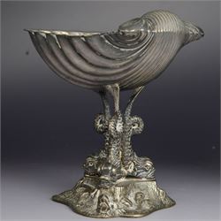 Pair of Victorian silver plated comports, with clam shell bowls supported by three dolphins upon a rocky base, H12cm