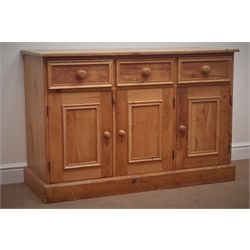  Solid pine dresser base, three drawers above three cupboards, plinth base, W123cm, H81cm, D50cm  