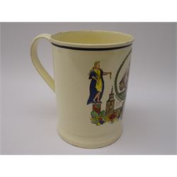 Early 19th century Sunderland Dawson & Co creamware pottery mug, the cylindrical body black transfer printed and polychrome detailed with a circular panel of a three-masted ship flanked by two figures of Peace and Plenty, above a panel containing verse 'May Peace with Plenty on our Nation smile [...]' H15cm D11cm