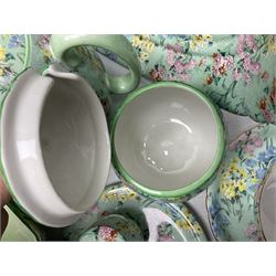Shelley Melody pattern tea service for six, to include teapot, teapot stand, hot water jug, milk jug, covered sucrier, teacups and saucers, cake plates etc (31)