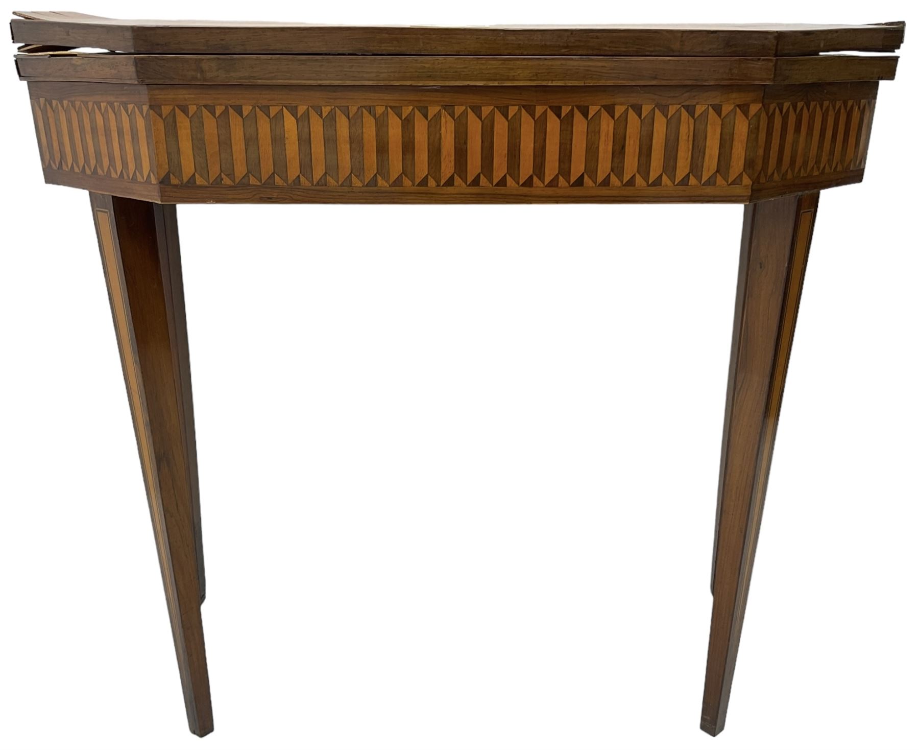 19th century inlaid mahogany card table, rectangular fold-over top with canted front corners, decorated with banded and strung edge with central inlaid fan motif, frieze decorated with geometric inlay, over a single action gate-leg base with square tapering supports