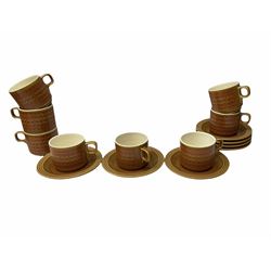 Hornsea Pottery Saffron pattern dinner and tea ware, comprising two lidded vegetable dishes, oval platter, nine dinner plates, six side plates, seven tea plates, covered tea caddy, covered coffee caddy, coffee pot, large jug, small jug, eight cups and seven saucers (45).  
