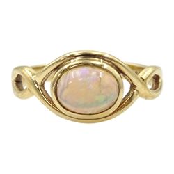 9ct gold single stone opal ring, with crossover design shoulders, Sheffield 2005