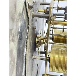 Late 18th century clock movement and dial, square brass dial with Arabic and Roman chapter ring signed 'Thos. (Thomas) Johnston, Dublin', with subsidiary seconds dial and calendar aperture, the dial set with ornate mask cast spandrels, twin train eight day movement striking on bell, with anchor escapement (34.5cm x 34.5cm, 13 1/2