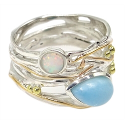  Silver with 14ct gold wire opal and larimar ring, stamped 925  