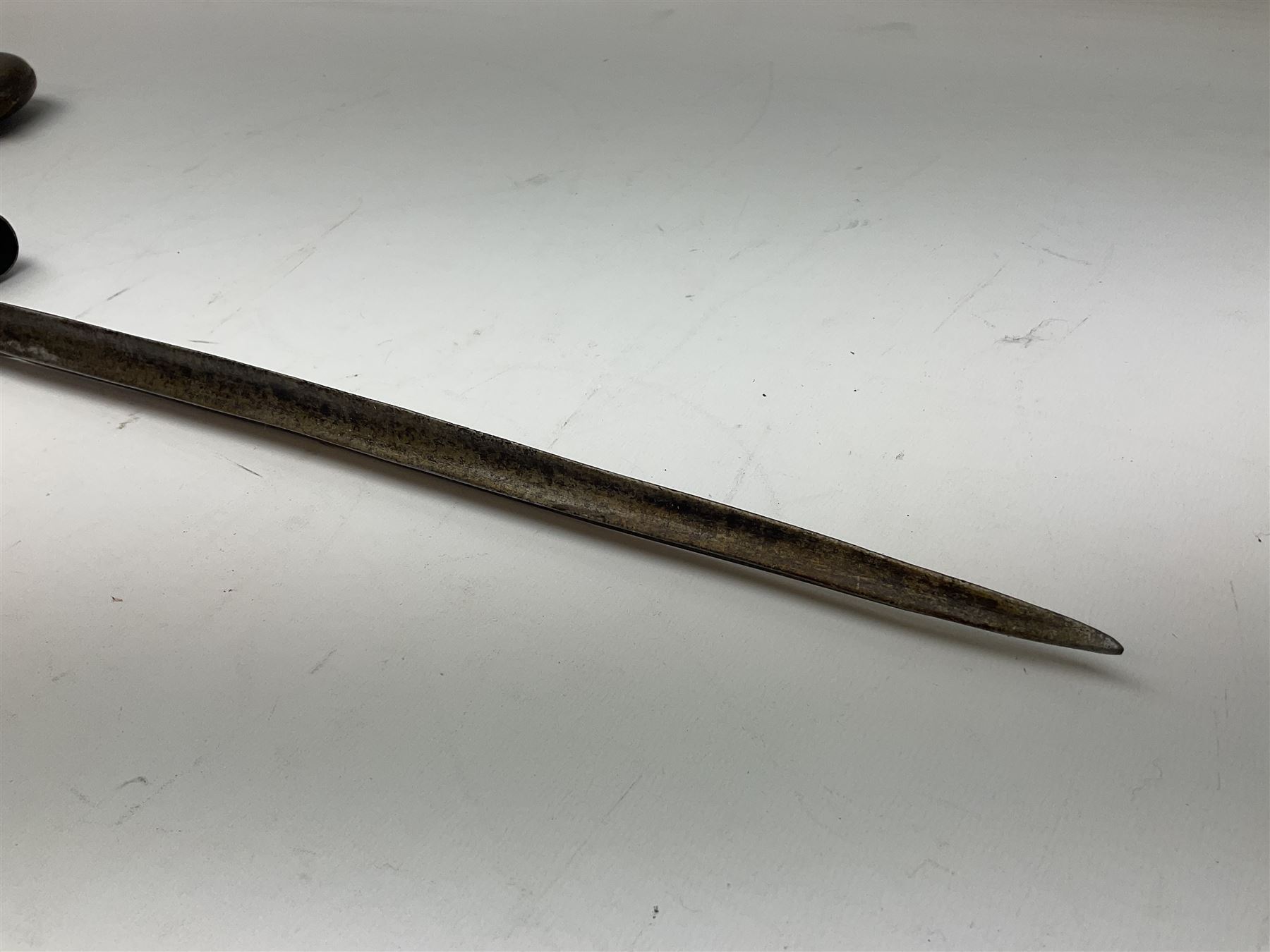 British pattern 1876 socket bayonet with 55cm triangular blade; another smaller socket bayonet; and a leather shot flask, the brass action marked Sykes (3)