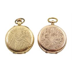 Gold open face ladies keyless cylinder fob watch stamped K14 and one other rose gold open face key wound ladies cylinder pocket watch, stamped 9K, both with white enamel dials with Roman numerals and gold decoration (2)