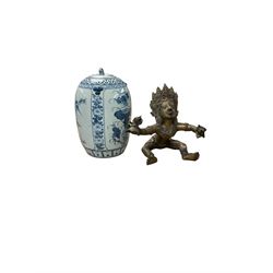 Collection of Chinese and Oriental ceramics together with mother of pearl inlaid box, and brass figure etc in two boxes 