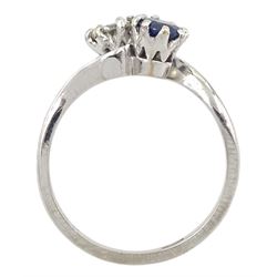 18ct white gold round brilliant cut diamond and sapphire crossover ring, stamped 18ct, diamond approx 0.45 carat, sapphire approx 0.45 carat