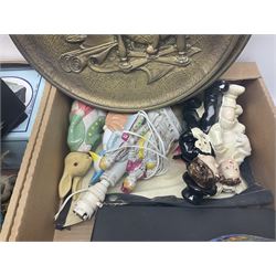 Selection of collectables, to include glass handbags, brass chargers, ceramics etc, in three boxes 