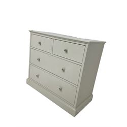 Cream finish chest, fitted with two short over two long drawers (W98cm D47cm H87cm); and pair of matching bedside chests, fitted with single drawer over cupboard (W45cm D36cm H60cm)