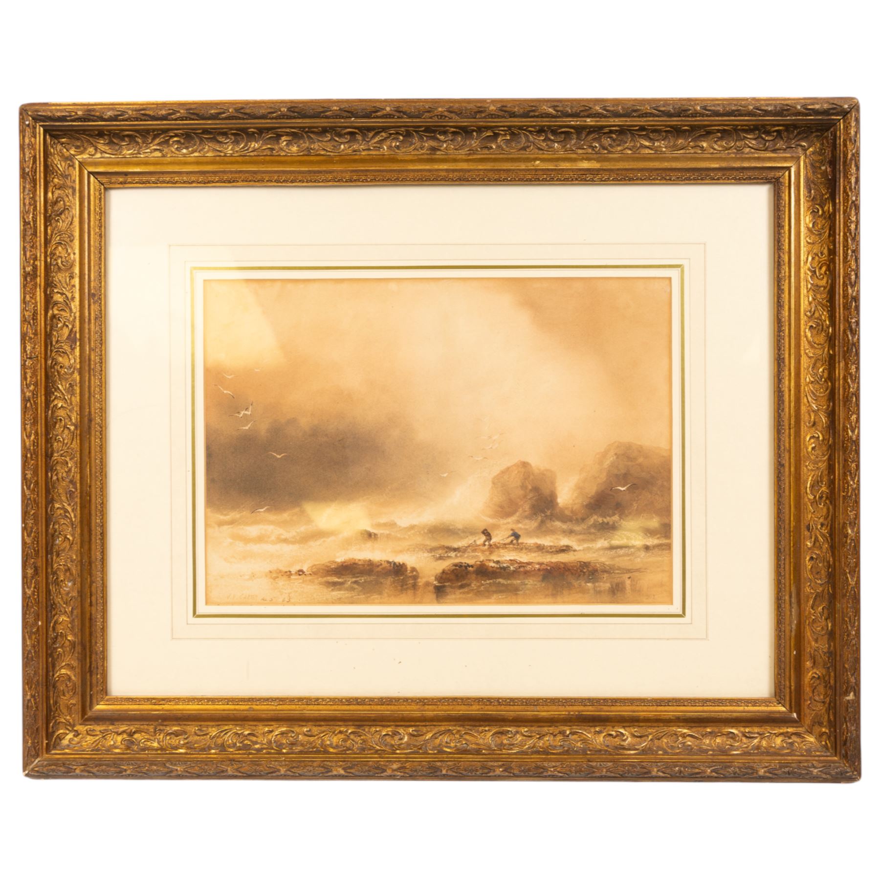 Joseph Newington Carter (British 1835-1871): Figures on the Shoreline, watercolour with scratching out signed and dated '65, 26cm x 38cm 