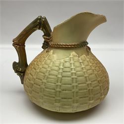 Royal Worcester blush ivory jug, with bamboo moulded handle, the basket weave body with applied lizard, gilt highlights, printed marks in puce mark to base, H15cm