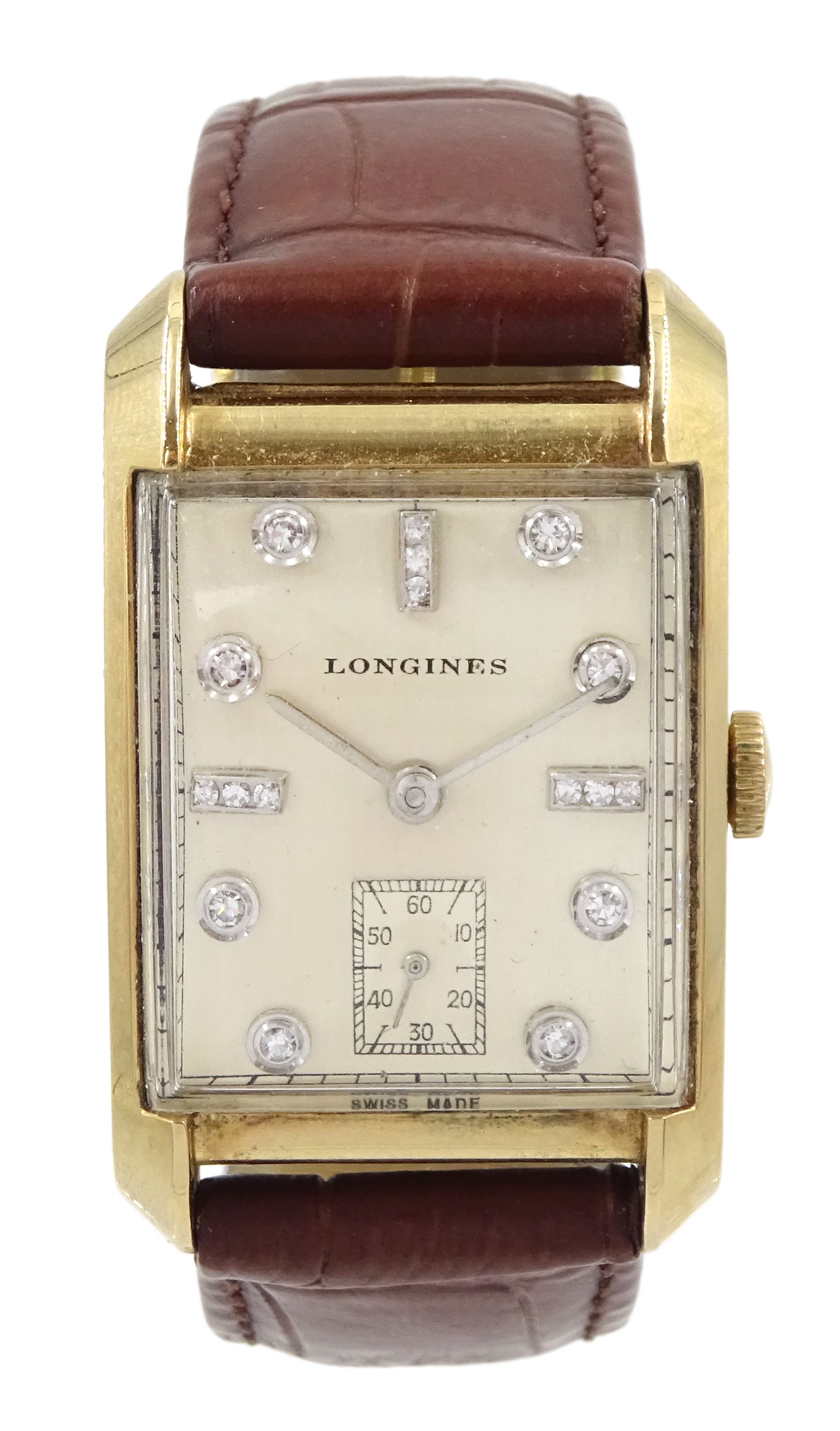 Longines gentleman's 14ct gold tank wristwatch, Cal 22L, serial No. 7593519, case No. 811582, the rectangular silvered dial with diamond set hour markers and subsidereary seconds dial, stamped 14K, on tan leather strap with original buckle, boxed