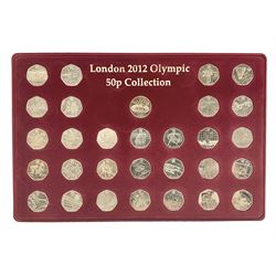 Queen Elizabeth II United Kingdom London 2012 Olympic commemorative fifty pence collection comprising twenty-nine coins and completer medallion, housed in unofficial display case