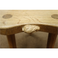  'Rabbitman' three legged oak Cow Stool, on three octagonal outsplayed legs, with carved Rabbit signature, by Peter Heap of Wetwang, H37cm    