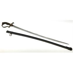 Prussian cavalry officer's sword with unmarked 78cm slightly curving fullered steel blade, steel hilt with traces of gilding, crossed swords insignia to langet, stirrup knuckle bow, wire bound black grip and lion's head pommel with inset 'ruby' eyes, in black painted steel scabbard with single suspension ring L95.5cm overall