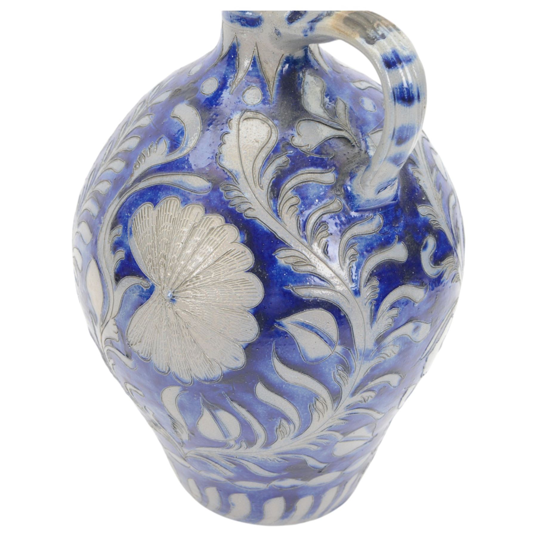 19th century German salt glazed flagon, decorated with foliage and floral sprigs, H36cm