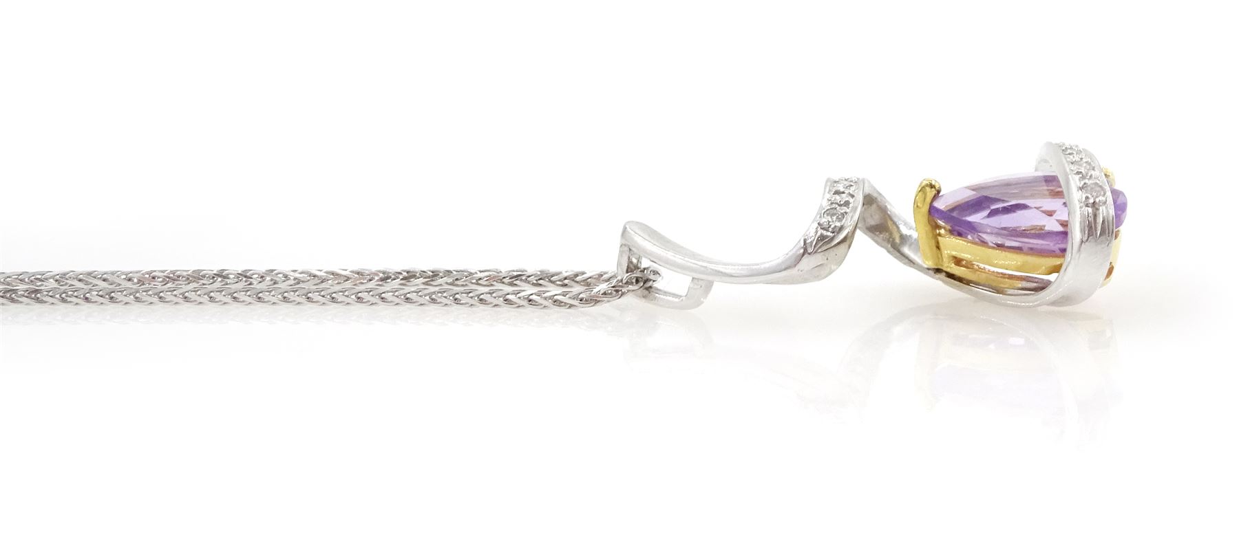 18ct white and yellow gold pear cut amethyst and round brilliant cut diamond pendant, on 18ct white gold foxtail link chain necklace