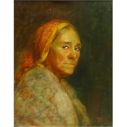  B S W (19th/20th century): Portrait of a Gypsy Woman, oil on canvas signed with monogram and dated '99,  24cm x 19cm  