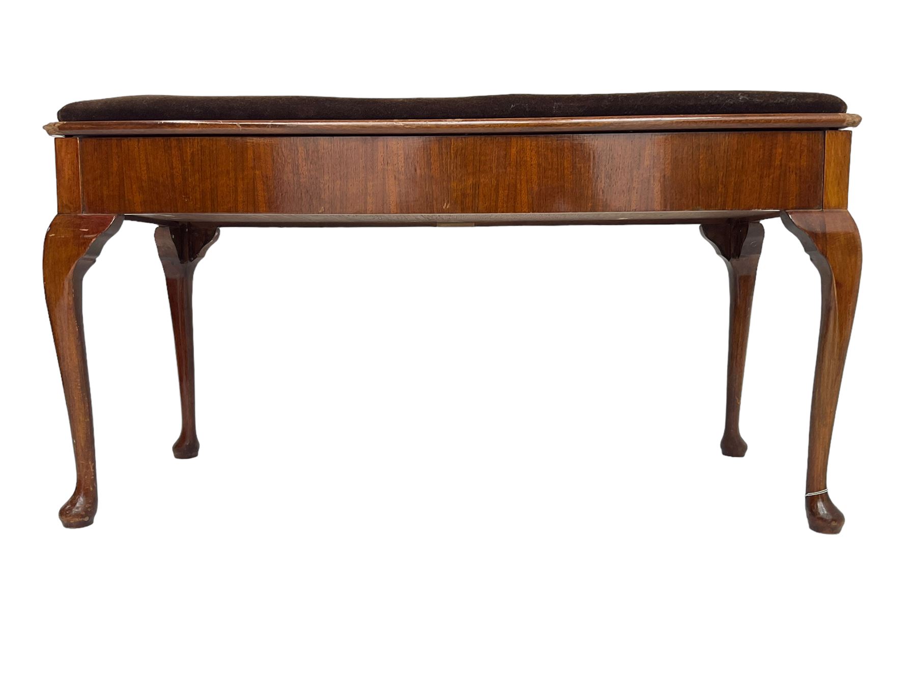 Early 20th century walnut duet piano stool, rectangular hinged lid with upholstered seat, on cabriole supports