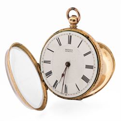 19th / early 20th century 18ct gold open face key wound cylinder pocket watch by Mathey, Genève, white enamel dial with Roman numeral hour markers, engraved foliate case with empty cartouche, stamped K18