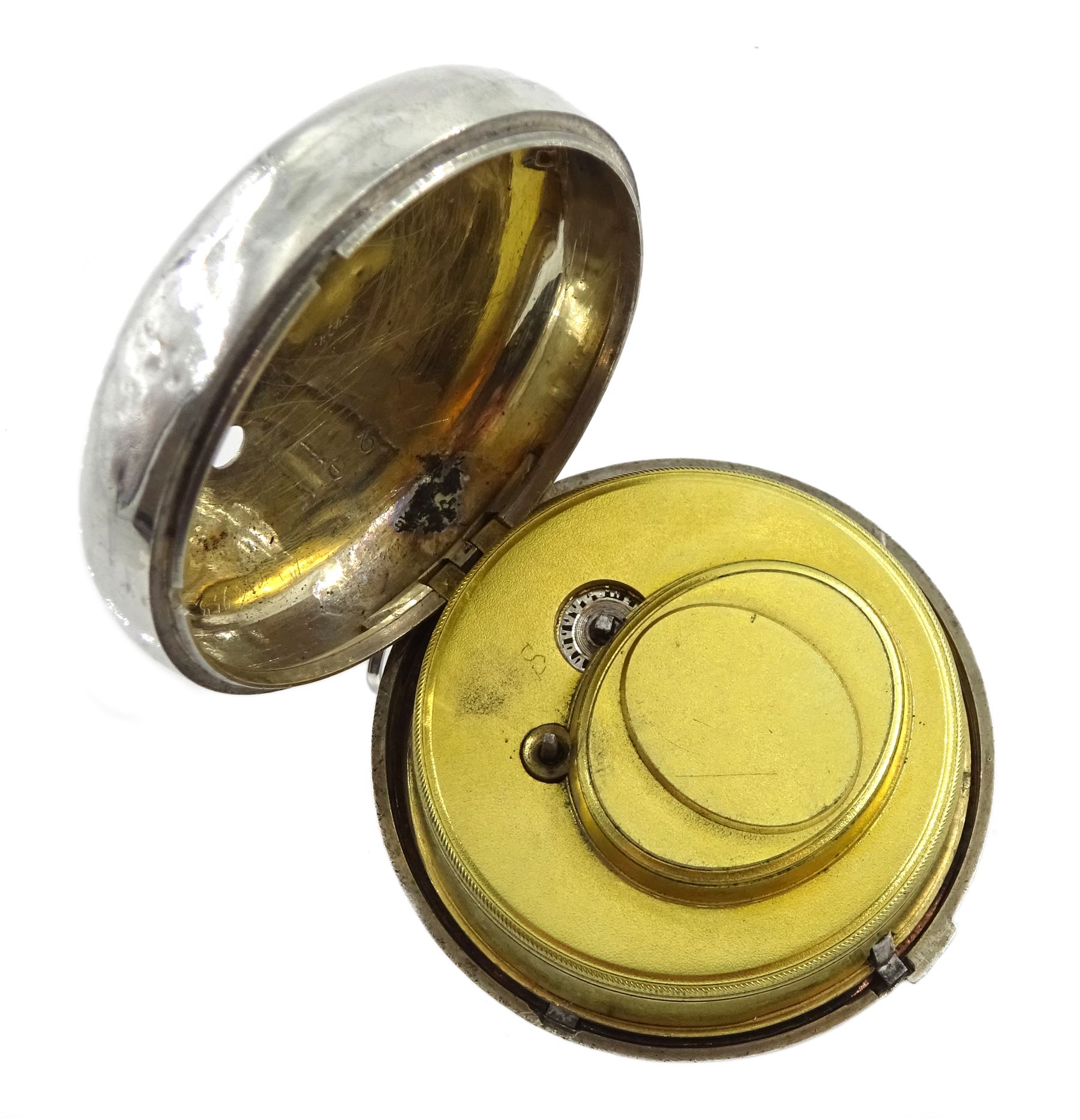 18th century silver and tortoiseshell quadruple cased verge fusee pocket watch by Graham, London, square baluster pillars, pierced and engraved balance cock, signed white enamel dial with Roman numerals and Fleur de Lys decoration, tortoiseshell third outer case with pique work to the borders, in a fitted later white metal fourth case