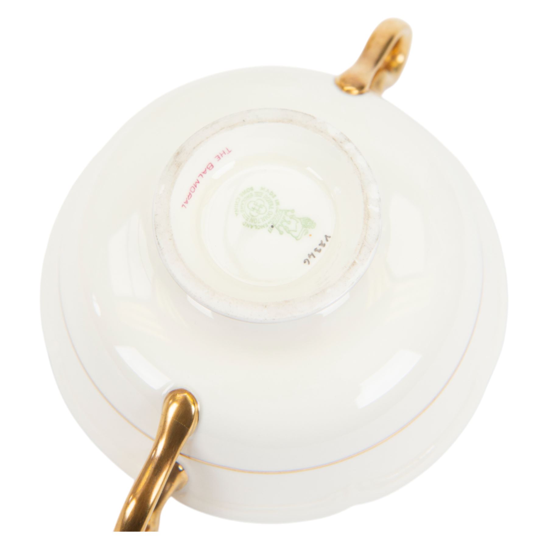 Royal Doulton 'The Balmoral' pattern dinner service for twelve place settings, comprising dinner plates, soup bowls and saucers, side plates, cake plates, three graduating meat platters, pair of tureens with covers and a pair of sauce boats with saucers, all with printed marks beneath
