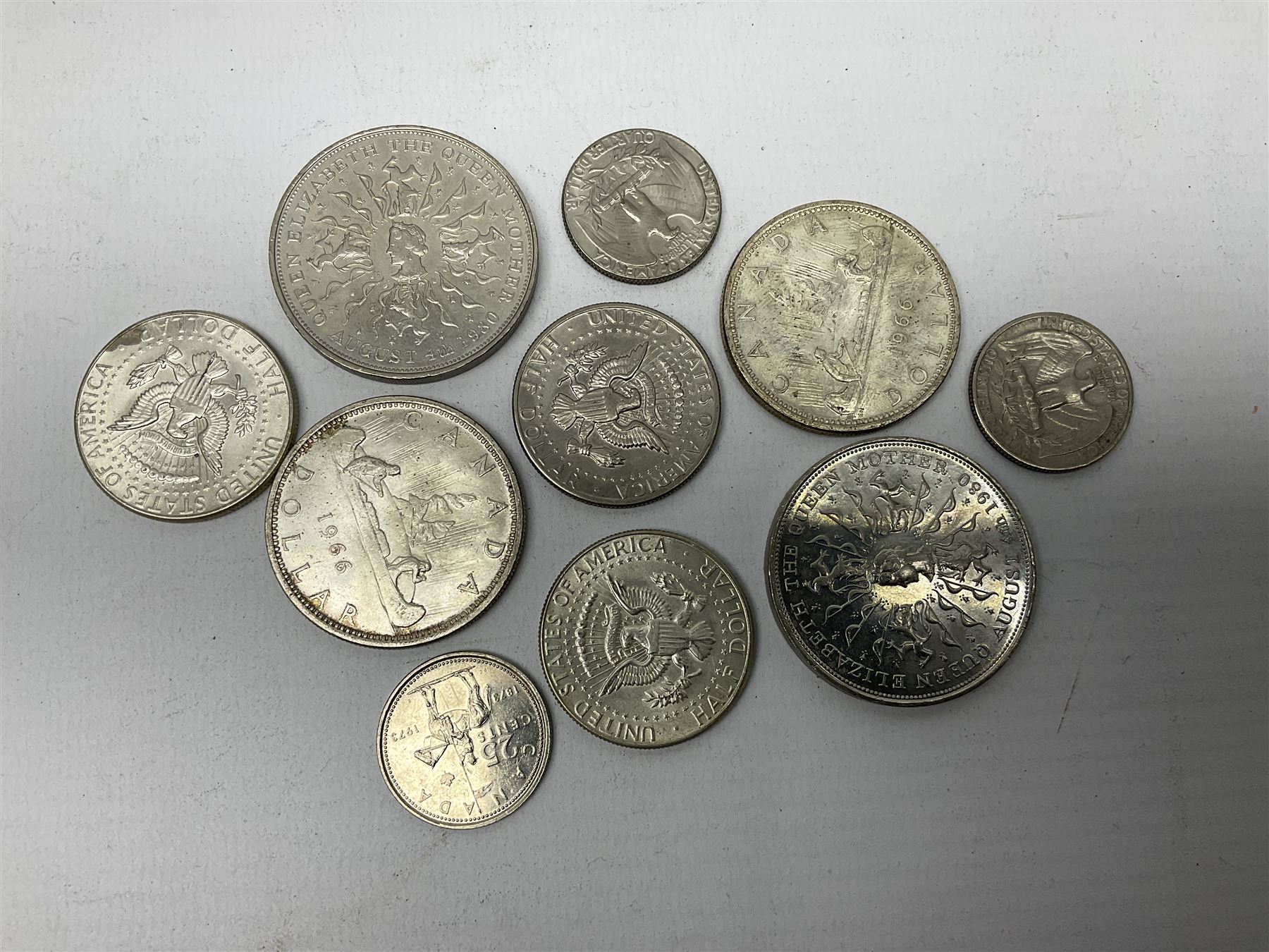 Two Queen Elizabeth II 1966 Canadian silver dollar coins, USA 1964, 1965 and 1971 half dollars etc 