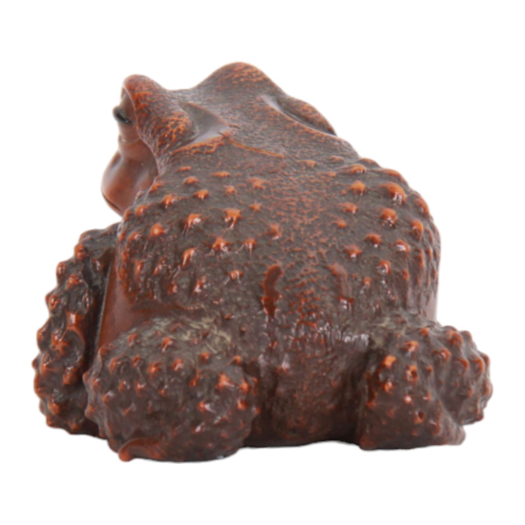 Japanese Edo Meiji period carved wooden netsuke, naturalistically modelled in the form of a seated toad with textured skin and black horn inlaid eyes, signed beneath for Masanao, Yamada, Ise Province, H5cm L7.5cm, 