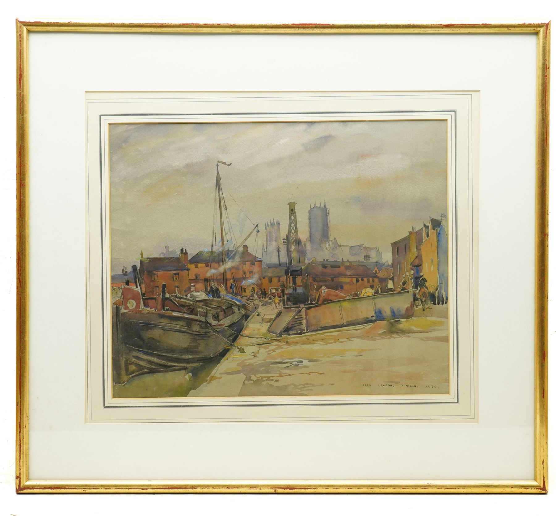 Frederick (Fred) Lawson (British 1888-1968): 'Lincoln' Docks with Cathedral Behind, watercolour signed titled and dated 1930, 36cm x 44cm