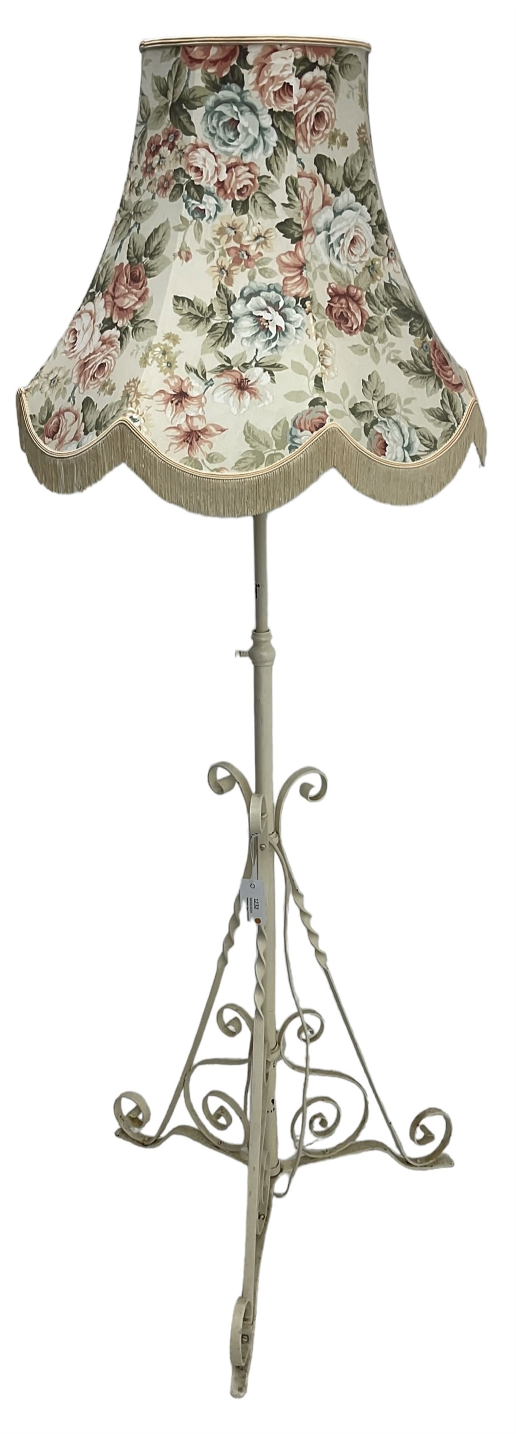 Cream painted wrought iron standard lamp with floral shade
