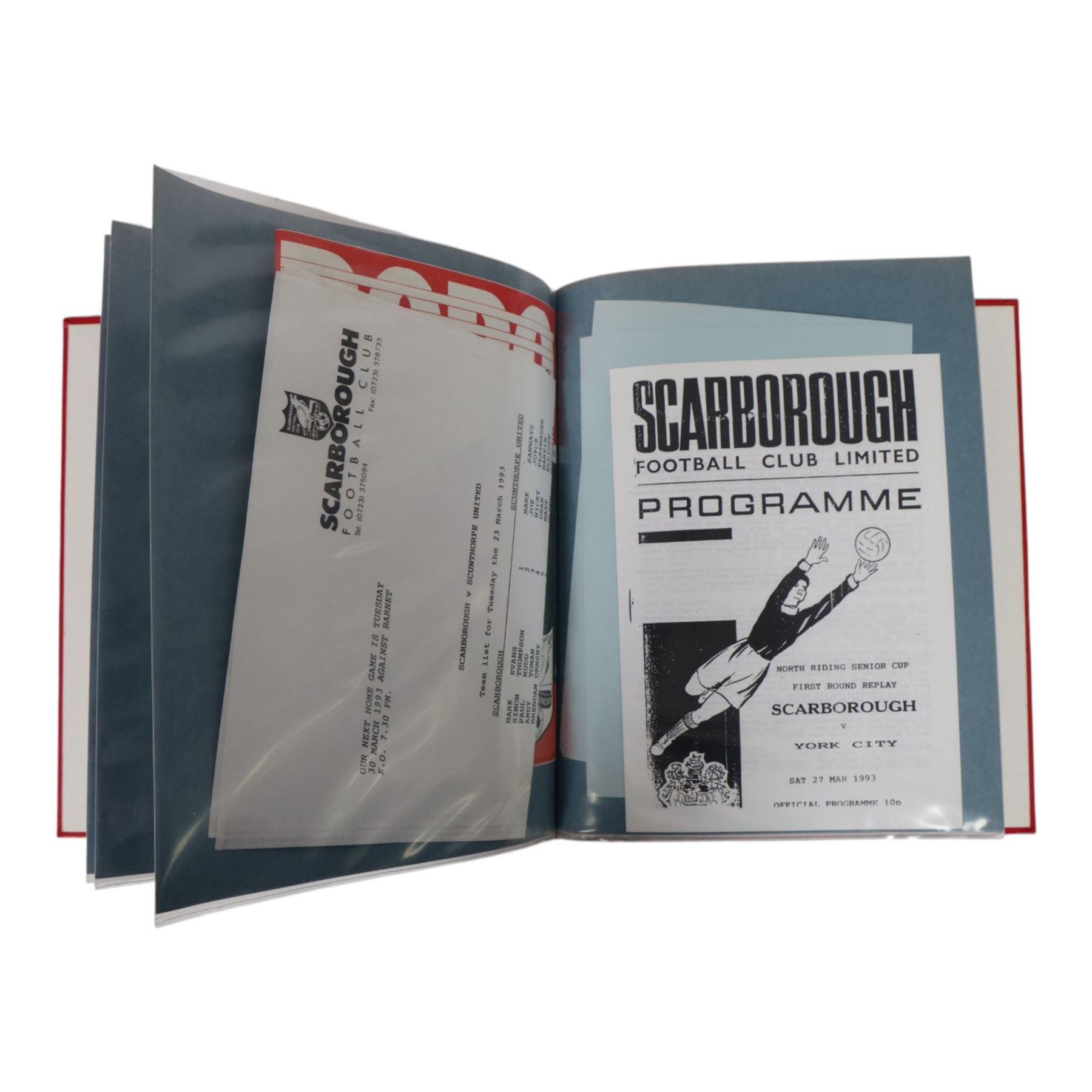 Comprehensive collection of approximately one hundred and seventy Scarborough FC football programmes for the 1990/91, 1991/92 and 1992/93  seasons, all filed within six dedicated Scarborough FC red Home and Away binders