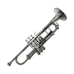 Victorian Class A silver plated trumpet retailed by Kitchen & Co,29 Queen Victoria Street Leeds, 1897 with mouthpiece/slide and in its original felt lined box
