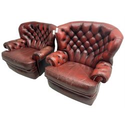 Wade - pair of Georgian design armchairs, high curved back and scrolled arms upholstered in deep buttoned oxblood 'Pegasus' leather, on castors