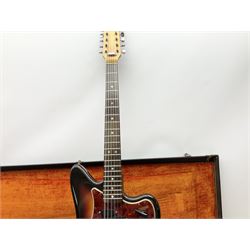 Fender three-tone Sunburst 12-string electric guitar c1965/6 Fullerton USA, with alder body and maple neck, the Indian rosewood fretboard with twenty-one frets and pearloid dot markers, fender electric XII bridge, F-stamp tuners (non-original), two split single coil pick-ups, master volume and tone and four-way switch, serial no.129730, L108cm; in original Fender case bearing label for Rivington Guitars New York with copy of original invoice; together with GuitarKes set-up and service certificate dated October 2021
