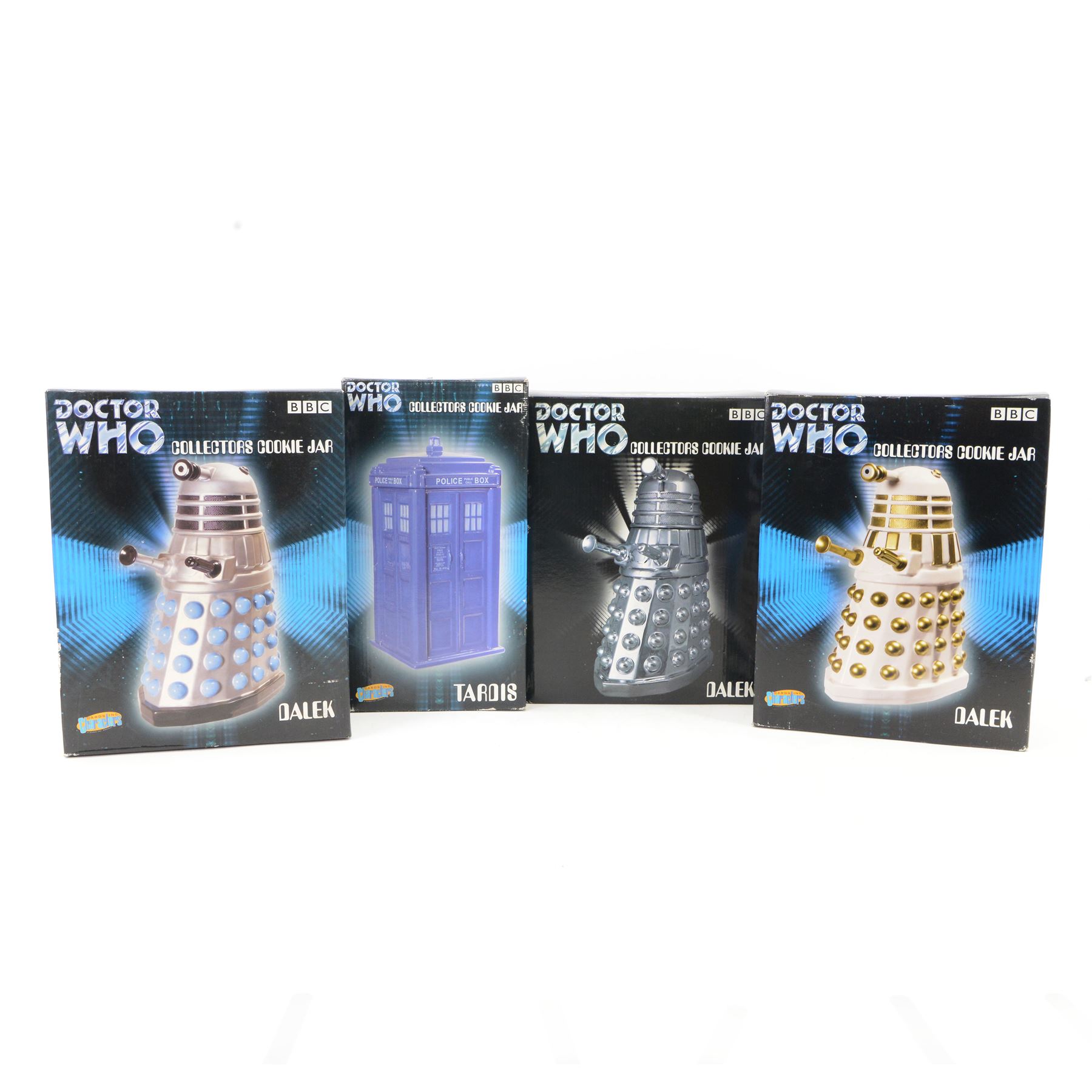 Four Doctor Who Limited Edition Collector's Cookie Jars, to include Platinum Edition Dalek, Silver and Blue Dalek, White and Gold Dalek and Tardis, all boxed 