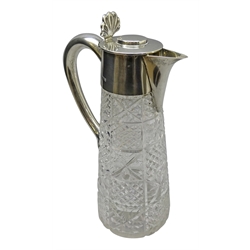  Edwardian silver mounted cut glass claret jug, of tapered form with hinged cover and fan shaped thumb piece, by Martin Hall & Co Sheffield, 1901, H26cm   