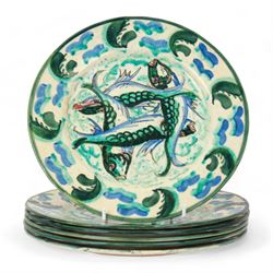 Raoul Lachenal (1885-1956), set of six French faience Iznik style plates, decorated with fish in tones of blue and green with lustre finish, each signed beneath Lachenal and monogramed, bearing Sotheby's labels, D24cm


Provenance: Lot 230, Collection de Ceramiques francaises, verreries, tableaux, documentations, provenant de la Villa Clara Schumann, Sotheby's, 16th December 2005