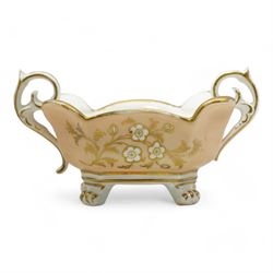 Early 19th century Chamberlain Worcester porcelain bottle form vase, the body painted with a view of Worcester Cathedral and Bridge over the Severn, within gilt borders against a blue ground, unmarked, H13.5cm, together with a Grainger’s Worcester pot pourri base, of twin handled form painted with a similar view, printed marks beneath, lacking covers, L11cm (2)