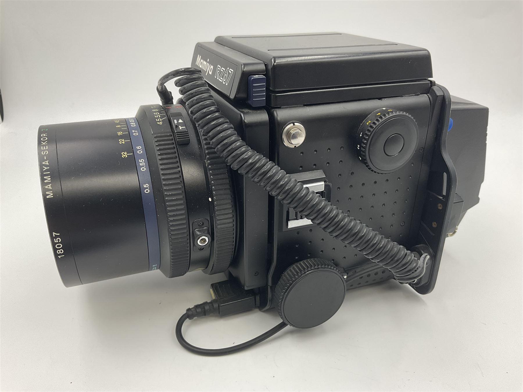 Mamiya RZ67 professional camera body, serial no 120282, with 'Mamiya-Sekor Z f=50mm 1:4.5 W' lens, serial no 18057 and RZ67 AE Prism Finder serial no 106809