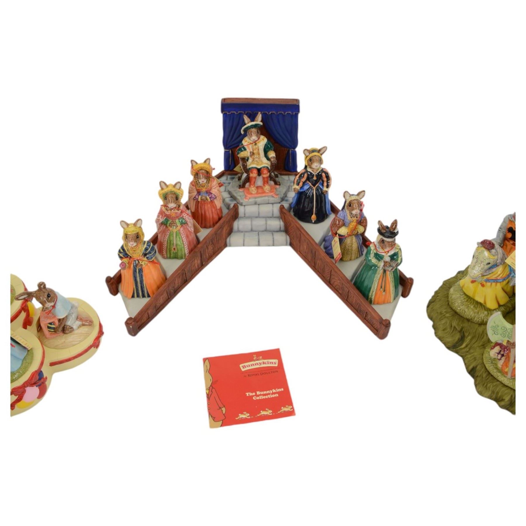 Royal Doulton Bunnykins, comprising of three complete sets;  The Arthurian Legend Set, with display plinth, Sir Gawain, Queen Guinevere, Sir Galahad, Merlin, King Arthur, Sir Galahad; Tudor set with display plinth, Henry VIII, Anne Boleyn, Jane Seymour, Catherine of Aragon, Catherine Parr, Anne Of Cleaves and Catherine Howard; The Occasions Collection: with display plinth, Christmas Morning, Wedding Day, Love Heart, Easter Treat, Birthday Girl, Congratulations, Graduation Day and Easter Parade, all with original boxes