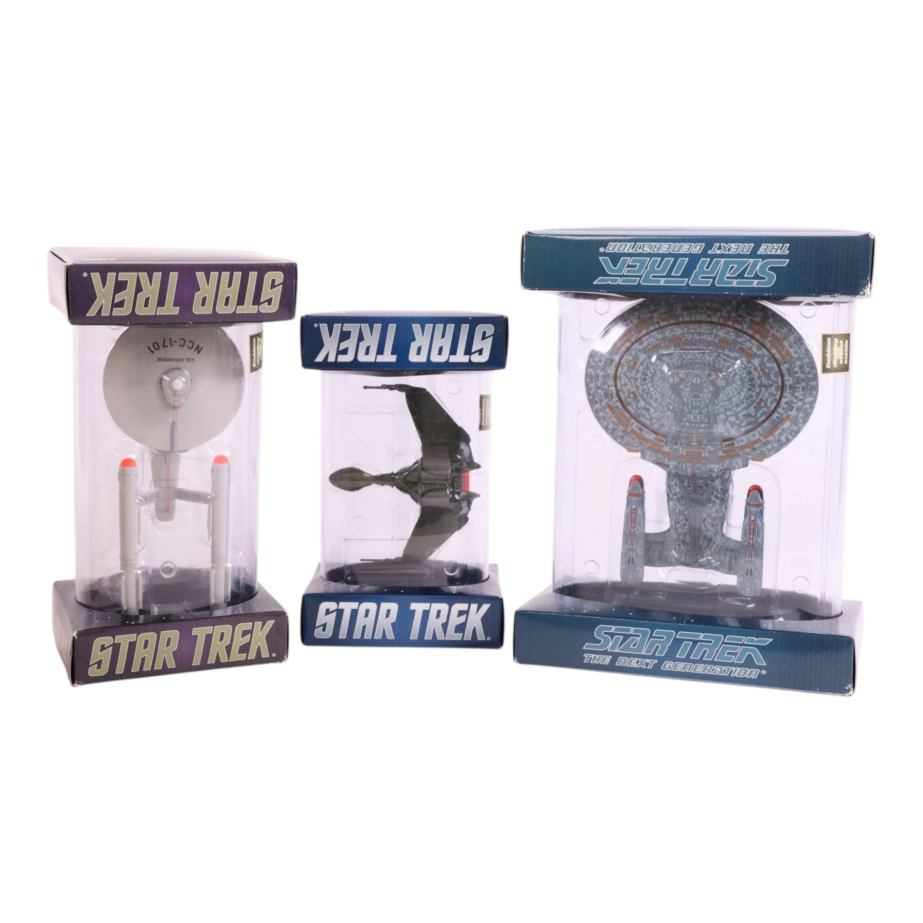 Three Corgi Star Trek 40th Anniversary spaceships, comprising no. CC96603 USS Enterprise-D, no. CC96602 Klingon Bird of Prey and no. CC96601 USS Enterprise, all boxed