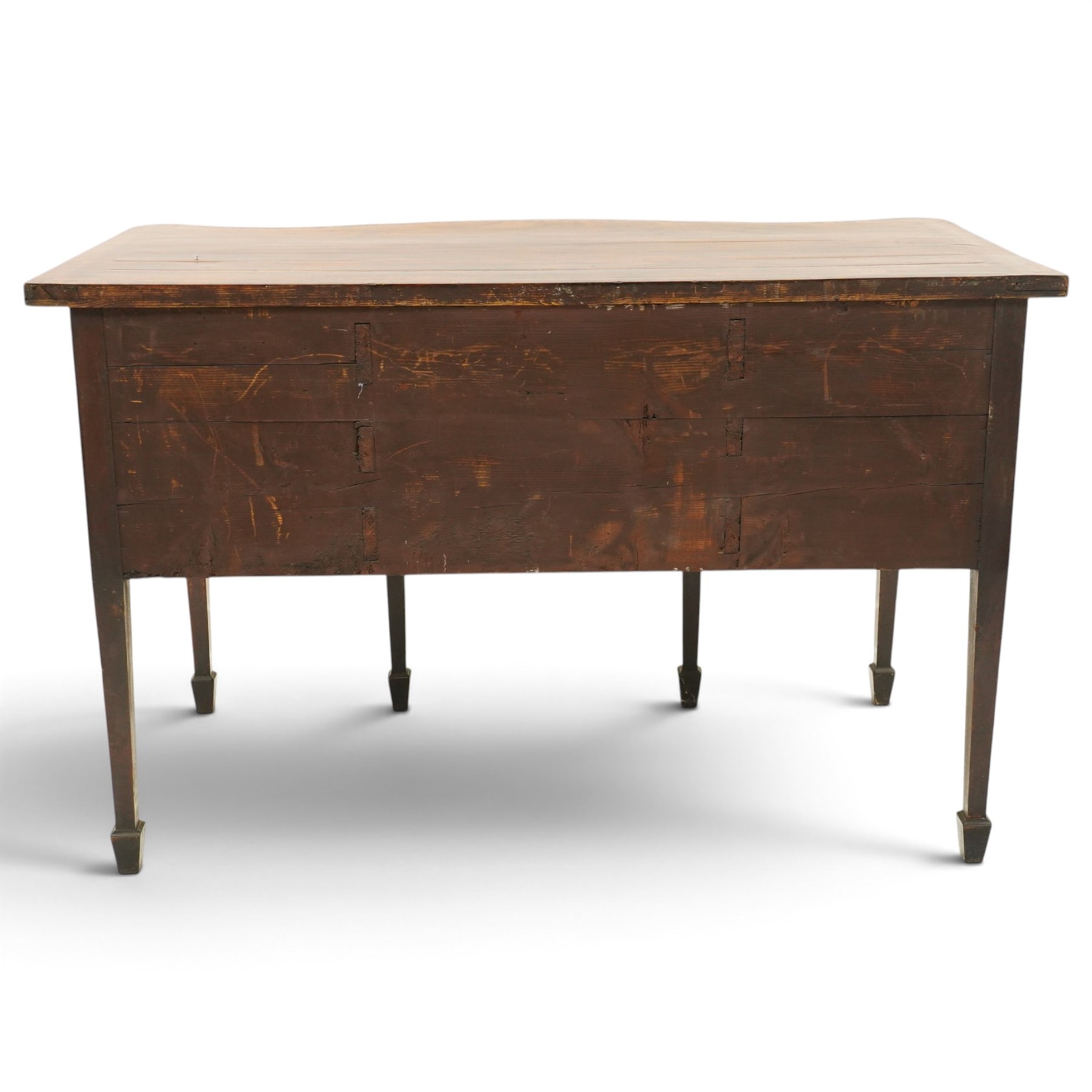 George III inlaid mahogany serpentine sideboard, the shaped top with crossbanding and satinwood stringing, fitted with central bow-front cock-beaded frieze drawer over a shaped apron inlaid with paterae, shell motifs and scrolling foliage, flanked by a deep right-hand drawer and two drawers to the left, raised on square tapering supports with spade feet