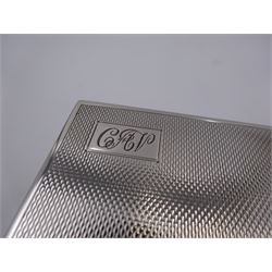 1930s silver mounted glass inkwell, of square form, the silver lid with engine turned decoration and engraved initials, hallmarked Adie Brothers Ltd, Birmingham 1937, H4.7cm