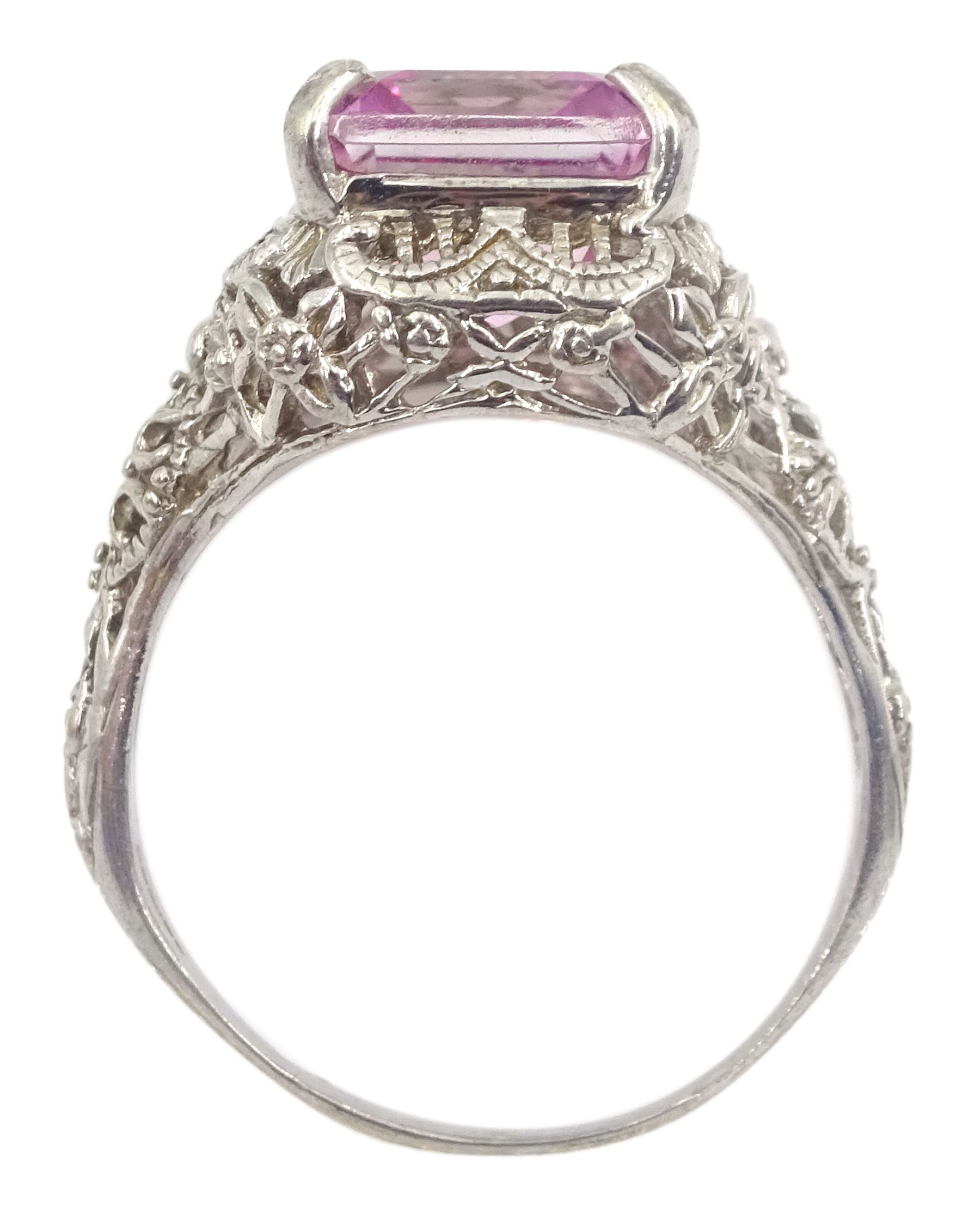9ct white gold filigree set, emerald cut pink topaz dress ring, hallmarked