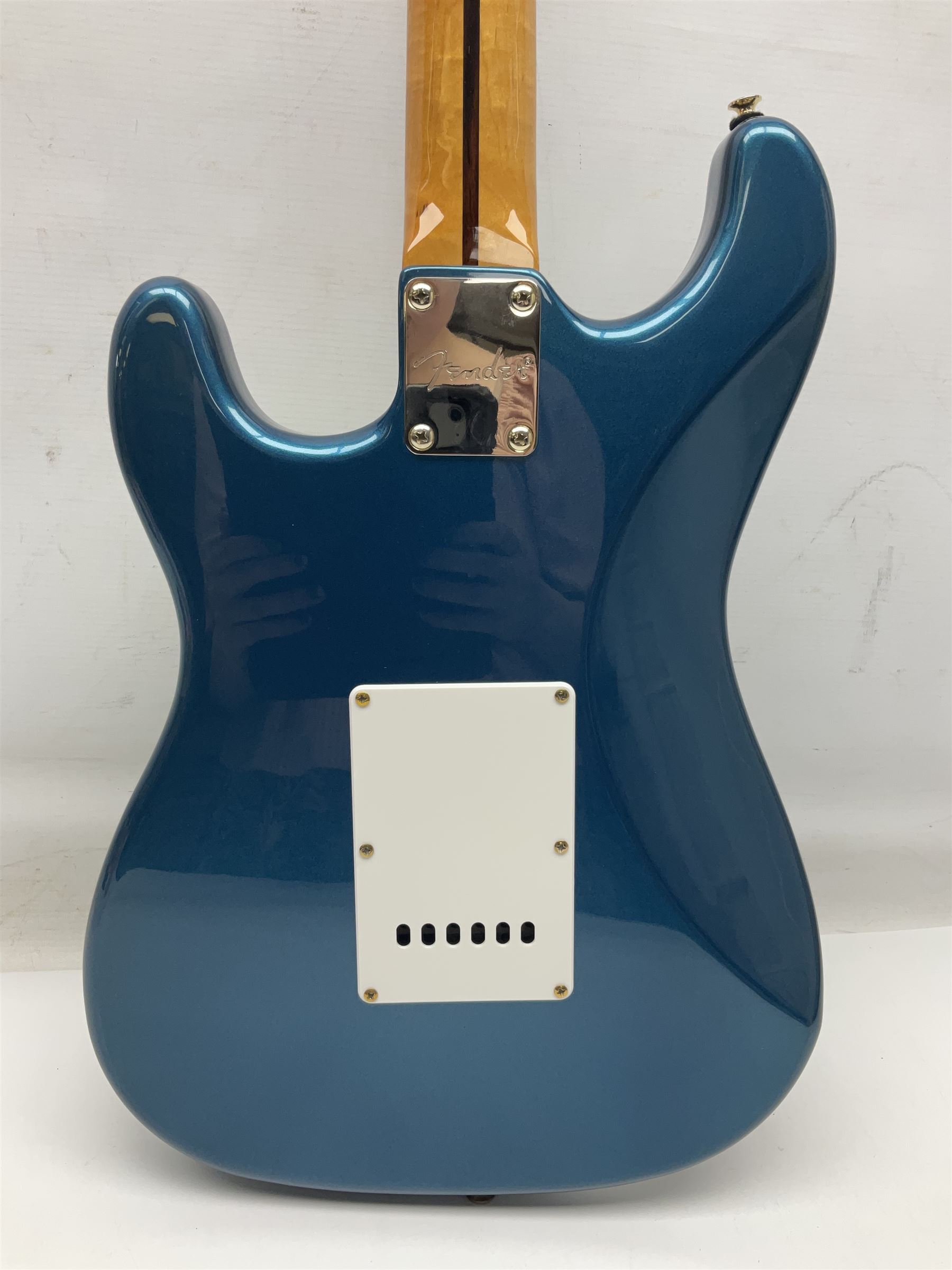 Fender Stratocaster style electric guitar in metallic blue with Rio Grande pick-ups and Fender back-plate L98cm; in Fender soft carrying case