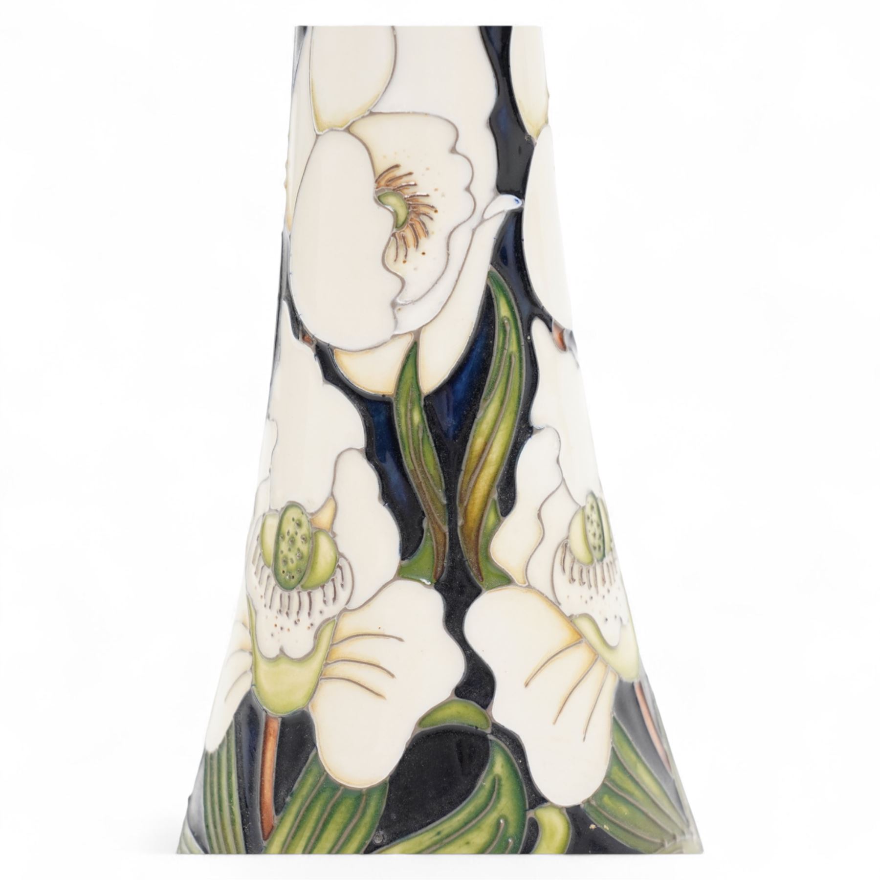 Moorcroft Buckingham Orchid pattern vase, of elongated waisted form, signed by Rachel Bishop, painted marks to base, H31cm 