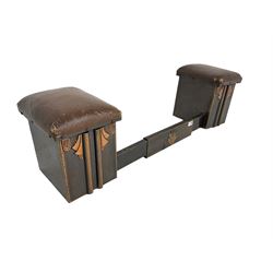 Early to mid-20th century Art Deco telescopic fire fender, upholstered box ends with hinged seats