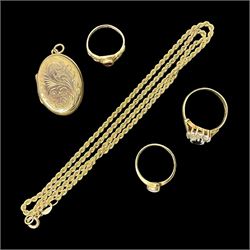 9ct gold jewellery, including opal ring and two other stone set rings, locket and rope twist chain 